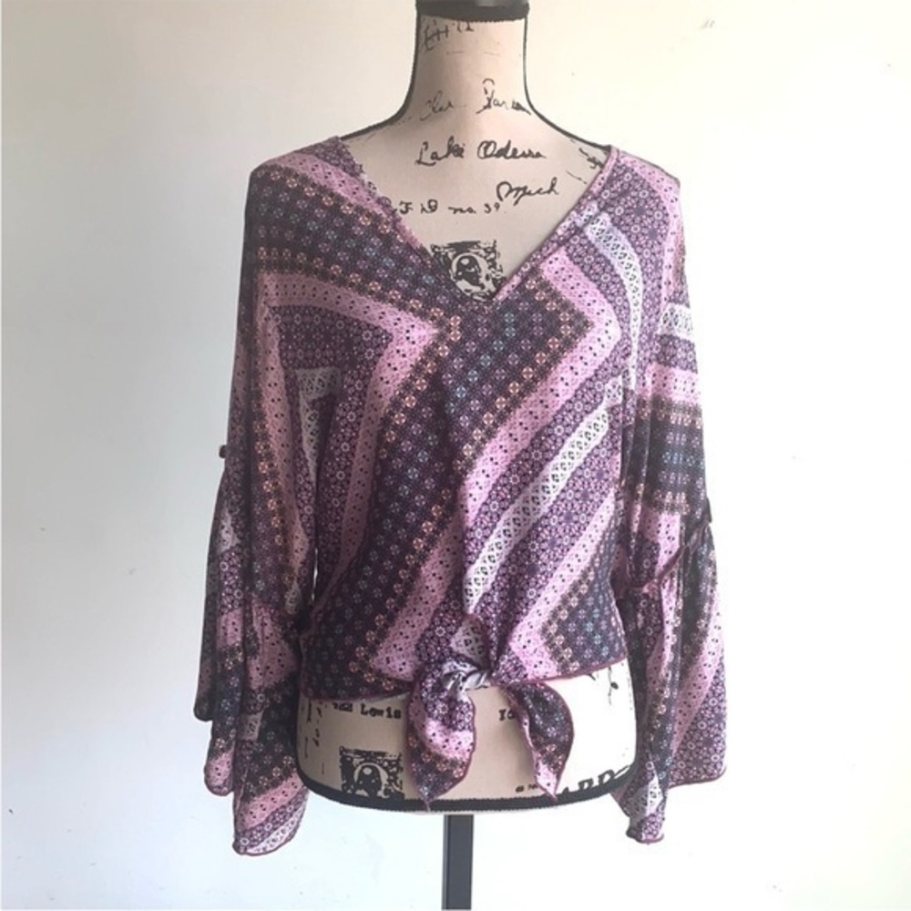 Anthro Lavendar Fields floral bell sleeve Blouse Top